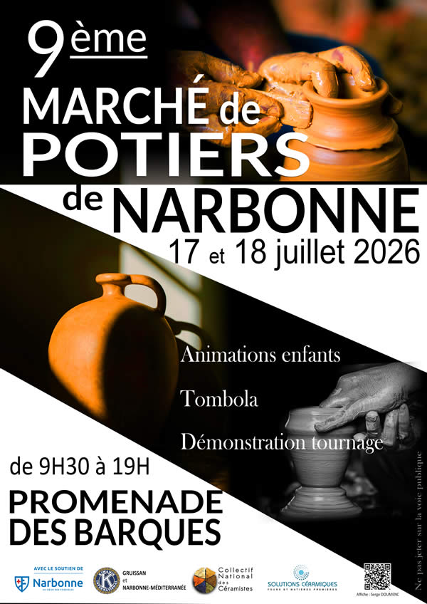 Le marché de potiers de Narbonne 18 et 19 juillet 2025 se tient sur la promenade des barques de 9h30 à 19h.
Solutions Céramiques à l'honneur de participer au marché de Potiers de Narbonne.
